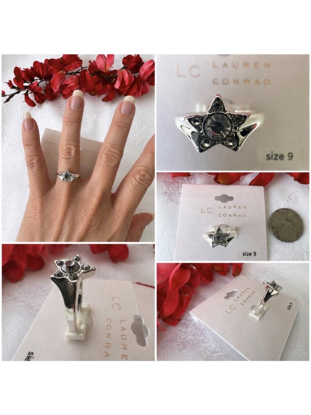 LC Lauren Conrad CZ Star Ring Nickel Free Size 9 Rhinestone Silvertone NWT